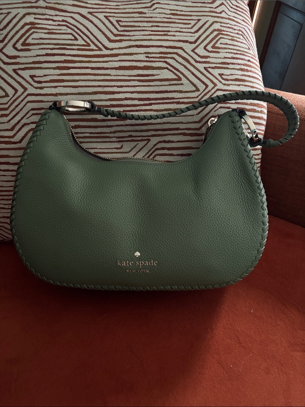 kate spade light Green Pebbled Leather Shoulder Bag with Braided Trim